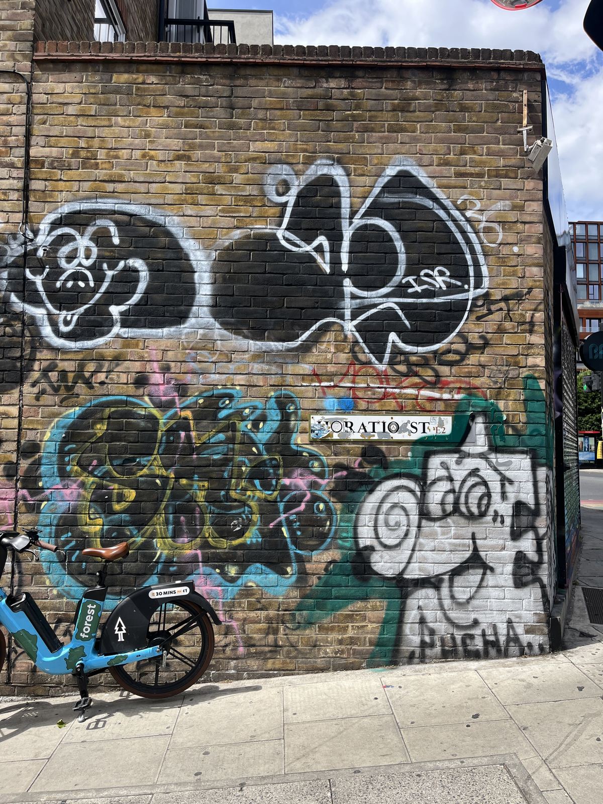 Graffiti on the corner of Horatio Street, E2, at the edge of the market